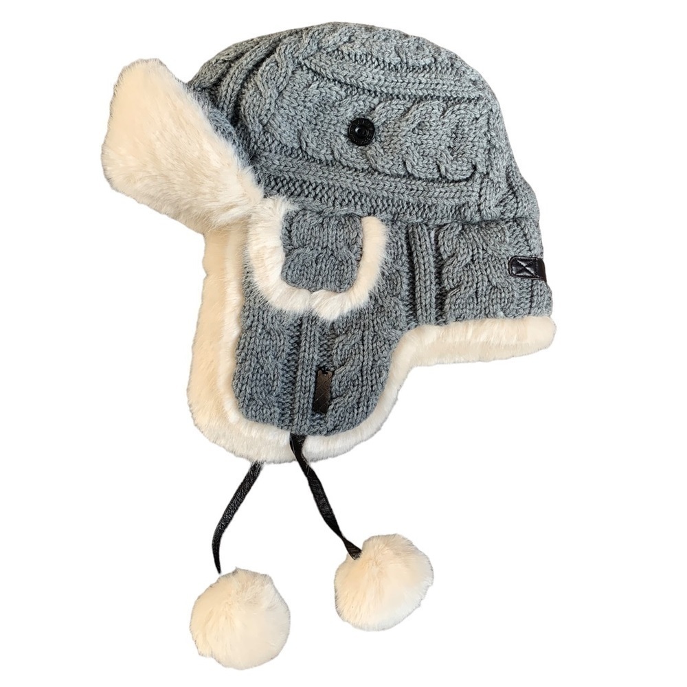 Barts Wool Cable Knit Faux Fur Trim Grey Bomber Hat Adjustable Pom Pom O/S